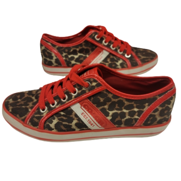 Coach "Deja" Leopard Print Lace Canvas Red Brown Black & White Size 6B - Picture 6 of 9